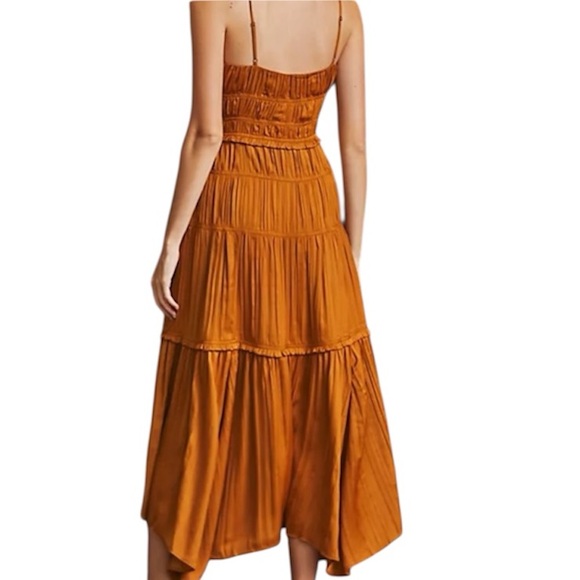 Anthropologie Gold Tiered Ruched Midi Dress Size 8 - Picture 12 of 12